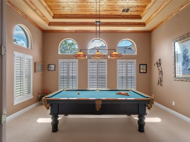 8974 Grey Hawk Pt, Orlando, FL 32836 - recreation room featuring a raised ceiling, light carpet, billiards table, ornamental molding, and wooden ceiling