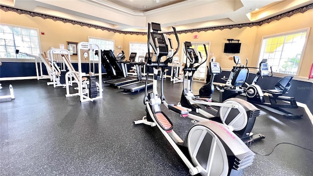 1375 Lake Shadow Cir Unit 11203, Maitland, FL 32751 - gym with plenty of natural light, ornamental molding, and a raised ceiling