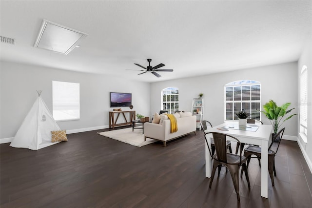 1121 Needlewood Loop, Oviedo, FL 32765 - dining space featuring attic access, dark wood-type flooring, and ceiling fan
