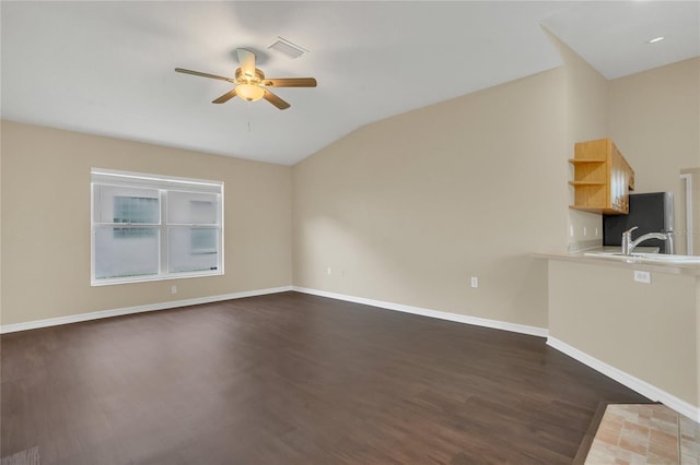2408 Groveway Dr, Valrico, FL 33596 - unfurnished living room with ceiling fan, lofted ceiling, and dark wood-type flooring