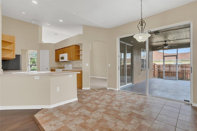 2408 Groveway Dr, Valrico, FL 33596 - kitchen with open shelves, white appliances, a ceiling fan, light countertops, and decorative light fixtures