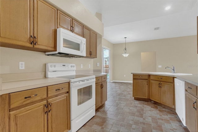 2408 Groveway Dr, Valrico, FL 33596 - kitchen with white appliances, light countertops, and decorative light fixtures