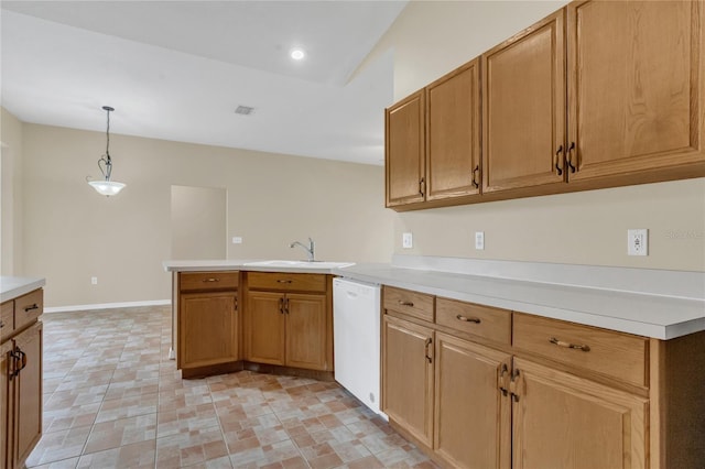 2408 Groveway Dr, Valrico, FL 33596 - kitchen featuring dishwasher, a peninsula, light countertops, brown cabinetry, and decorative light fixtures