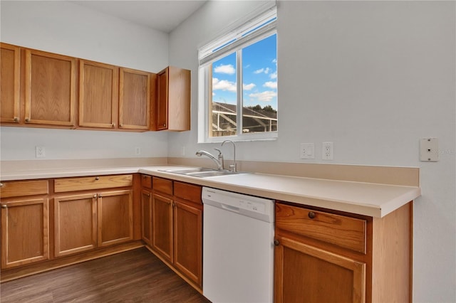 13510 Copper Belly Ct, Riverview, FL 33569 - kitchen with dishwasher, dark wood finished floors, light countertops, and brown cabinetry