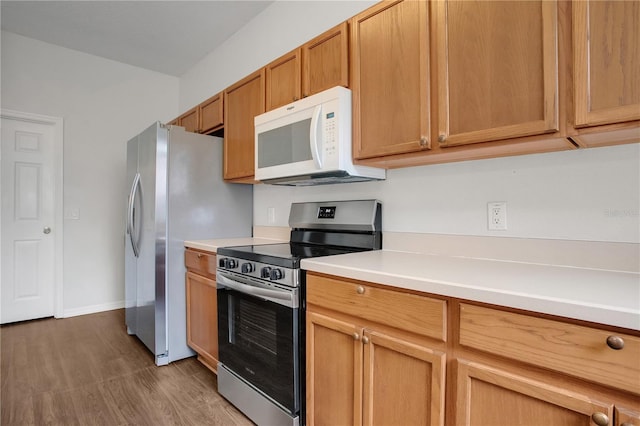 13510 Copper Belly Ct, Riverview, FL 33569 - kitchen with stainless steel appliances, light wood finished floors, and light countertops