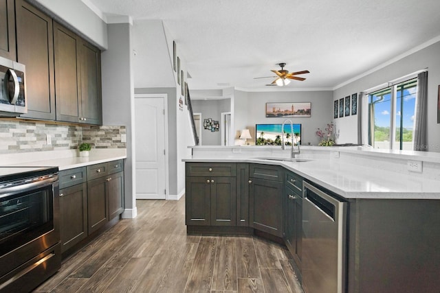 5209 Cape Hatteras Dr, Clermont, FL 34714 - kitchen with appliances with stainless steel finishes, ceiling fan, tasteful backsplash, ornamental molding, and dark wood-style floors