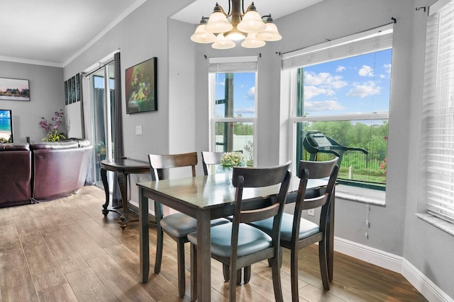 5209 Cape Hatteras Dr, Clermont, FL 34714 - dining space with a chandelier, wood finished floors, and crown molding