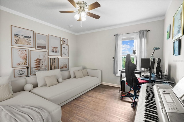 5209 Cape Hatteras Dr, Clermont, FL 34714 - home office with ceiling fan, wood finished floors, and ornamental molding