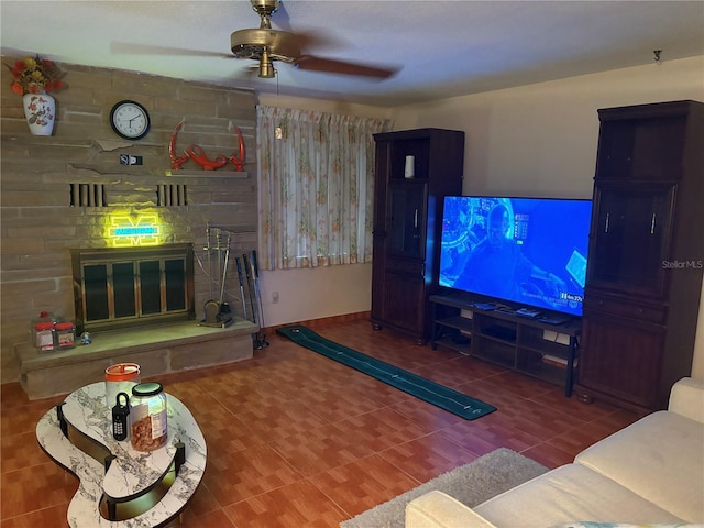 4427 Gilpin Way, Orlando, FL 32812 - living area with a ceiling fan and a fireplace