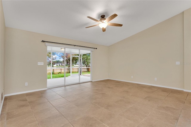 11813 Colyar Ln, Parrish, FL 34219 - spare room featuring a ceiling fan, lofted ceiling, and light tile patterned flooring