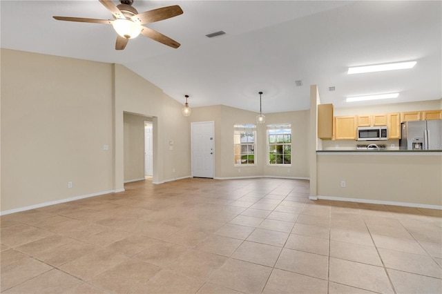 11813 Colyar Ln, Parrish, FL 34219 - unfurnished living room featuring light tile patterned floors, lofted ceiling, and ceiling fan