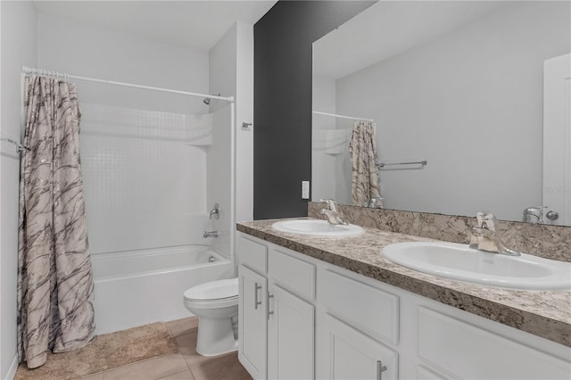 1296 Berry Ln, Davenport, FL 33837 - bathroom featuring shower / bathtub combination with curtain, double vanity, and tile patterned floors