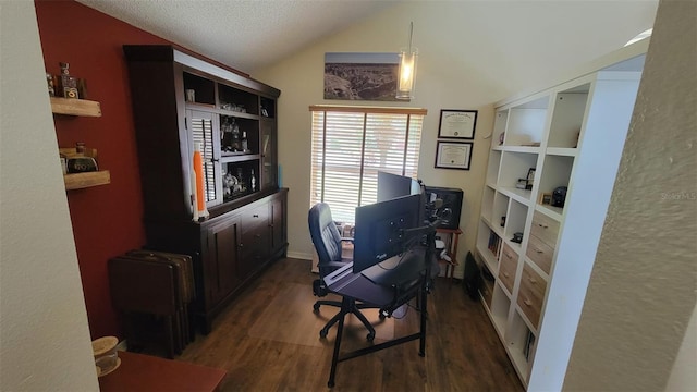 1632 Slash Pine Pl, Oviedo, FL 32765 - office area with vaulted ceiling, wood finished floors, and a textured ceiling