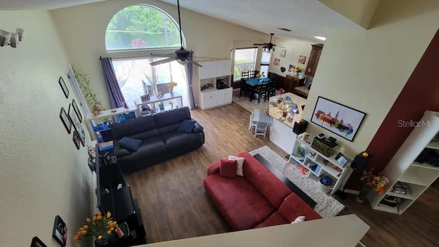 1632 Slash Pine Pl, Oviedo, FL 32765 - living room with ceiling fan, wood finished floors, and high vaulted ceiling