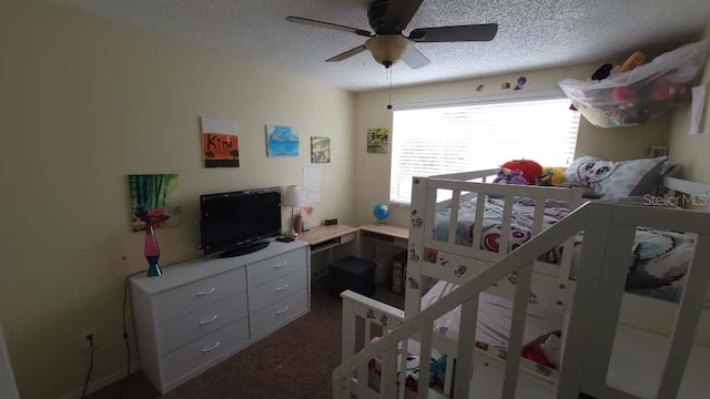 1632 Slash Pine Pl, Oviedo, FL 32765 - bedroom with a textured ceiling, a ceiling fan, and dark carpet