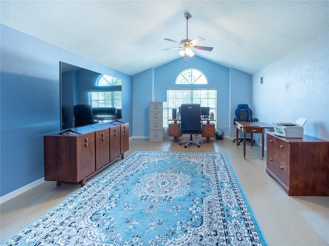 6420 Addax Ave, Cocoa, FL 32927 - office space with a ceiling fan, a textured ceiling, vaulted ceiling, and healthy amount of natural light