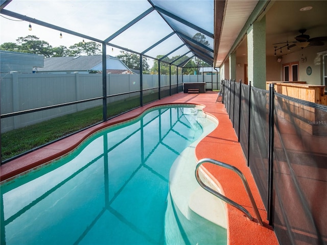 6420 Addax Ave, Cocoa, FL 32927 - view of pool with a fenced backyard, a patio, ceiling fan, and glass enclosure