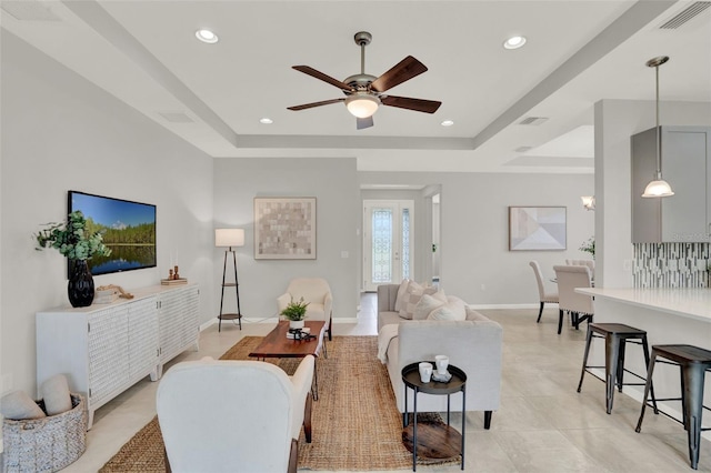 470 Briarbrook Way, Deland, FL 32724 - living area with a raised ceiling, a ceiling fan, light tile patterned floors, and recessed lighting