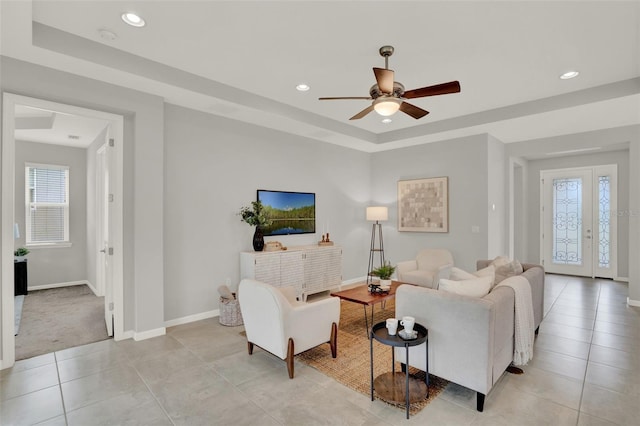 470 Briarbrook Way, Deland, FL 32724 - living area featuring a ceiling fan, a raised ceiling, light tile patterned flooring, and recessed lighting
