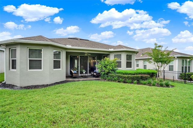 470 Briarbrook Way, Deland, FL 32724 - back of house featuring ceiling fan, stucco siding, a patio area, an outdoor hangout area, and a shingled roof