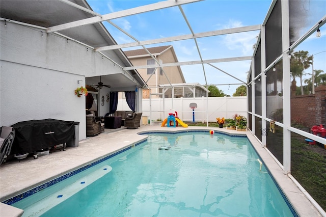 1145 Jaybee Ave, Davenport, FL 33897 - view of swimming pool featuring a patio area, an outdoor living space, a ceiling fan, and a fenced backyard