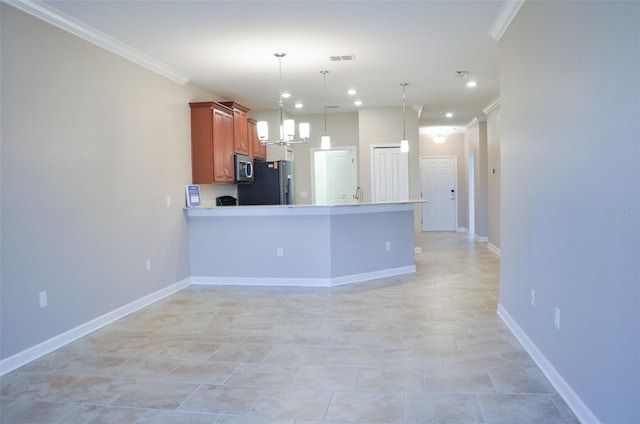 2825 Attwater Loop, Winter Haven, FL 33884 - kitchen with fridge with ice dispenser, crown molding, recessed lighting, decorative light fixtures, and stainless steel microwave