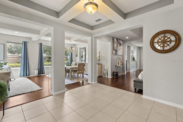 2700 Tree Meadow Loop, Apopka, FL 32712 - foyer featuring coffered ceiling, light tile patterned floors, beamed ceiling, a chandelier, and recessed lighting