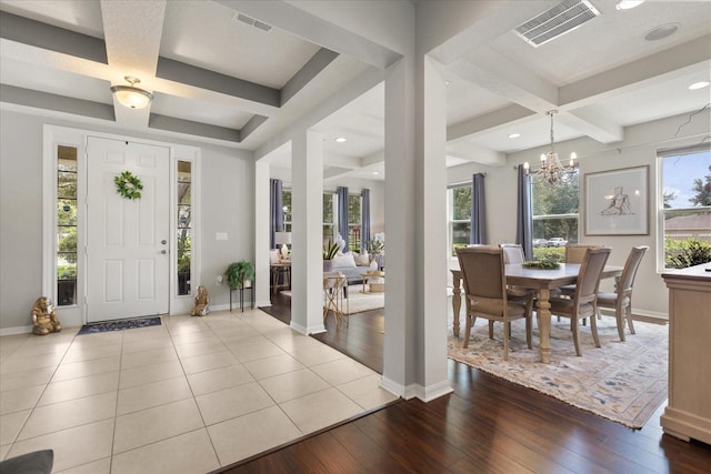 2700 Tree Meadow Loop, Apopka, FL 32712 - foyer entrance with coffered ceiling, a chandelier, wood-type flooring, beamed ceiling, and recessed lighting