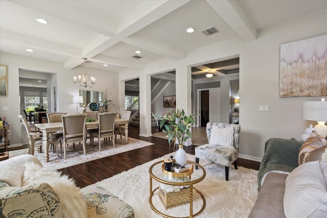 2700 Tree Meadow Loop, Apopka, FL 32712 - living area with coffered ceiling, a chandelier, wood finished floors, beamed ceiling, and recessed lighting