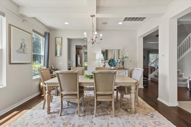 2700 Tree Meadow Loop, Apopka, FL 32712 - dining area featuring stairway, a chandelier, wood finished floors, beam ceiling, and recessed lighting