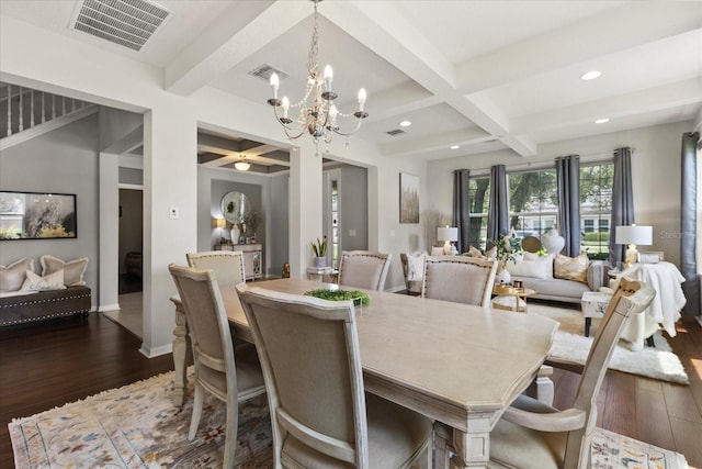 2700 Tree Meadow Loop, Apopka, FL 32712 - dining space with coffered ceiling, dark wood-style floors, beam ceiling, recessed lighting, and a chandelier