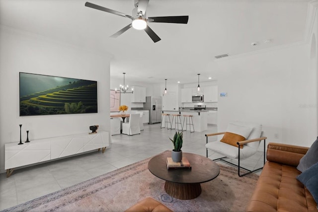 5684 Horseshoe Loop, Apopka, FL 32712 - living area featuring a chandelier, light tile patterned floors, ceiling fan, crown molding, and recessed lighting