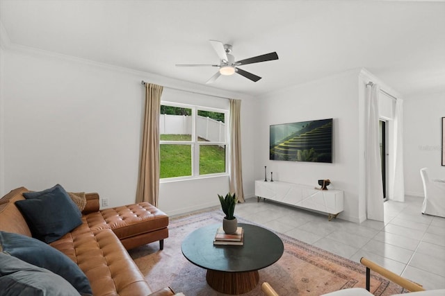 5684 Horseshoe Loop, Apopka, FL 32712 - living room featuring a ceiling fan, light tile patterned flooring, and crown molding