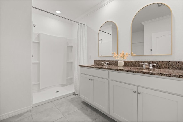 5684 Horseshoe Loop, Apopka, FL 32712 - full bathroom featuring ornamental molding, double vanity, a shower with curtain, and tile patterned floors