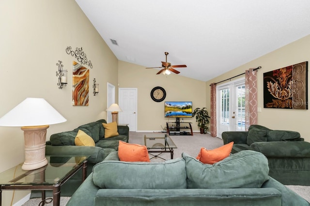 3422 Swallow Hill St, Clermont, FL 34714 - living room featuring french doors, carpet, vaulted ceiling, and ceiling fan