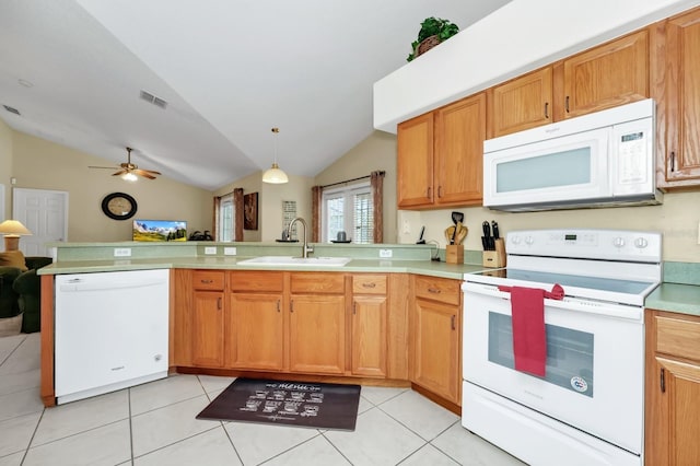 3422 Swallow Hill St, Clermont, FL 34714 - kitchen featuring white appliances, a peninsula, lofted ceiling, light tile patterned flooring, and light countertops
