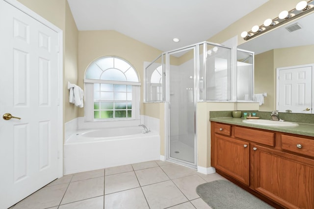 3422 Swallow Hill St, Clermont, FL 34714 - bathroom featuring a garden tub, vanity, a shower stall, tile patterned floors, and lofted ceiling