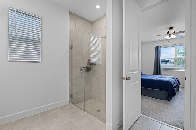 2936 Wild Mulberry Dr, Clermont, FL 34711 - ensuite bathroom featuring a shower stall, tile patterned flooring, a ceiling fan, and recessed lighting