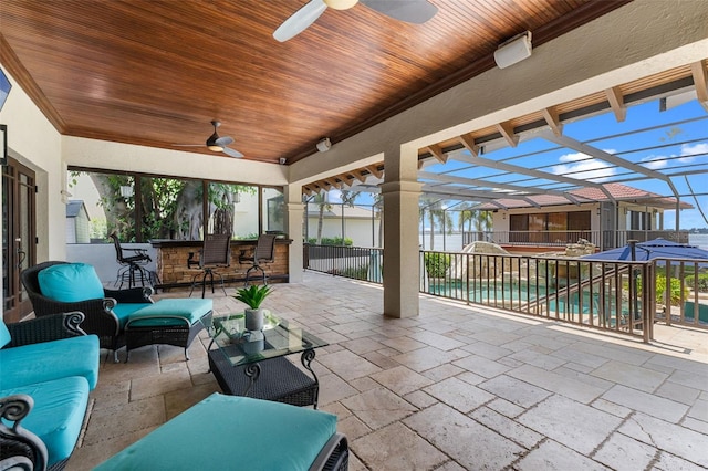 10545 Down Lakeview Cir, Windermere, FL 34786 - view of patio / terrace featuring ceiling fan, an outdoor pool, and an outdoor hangout area