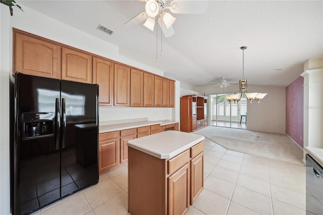 1762 Laurel Brook Loop, Casselberry, FL 32707 - kitchen with black refrigerator with ice dispenser, a ceiling fan, light carpet, light countertops, and light tile patterned floors
