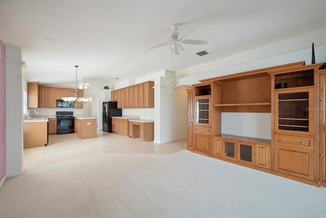 1762 Laurel Brook Loop, Casselberry, FL 32707 - unfurnished living room featuring a ceiling fan, light tile patterned flooring, light colored carpet, and a chandelier