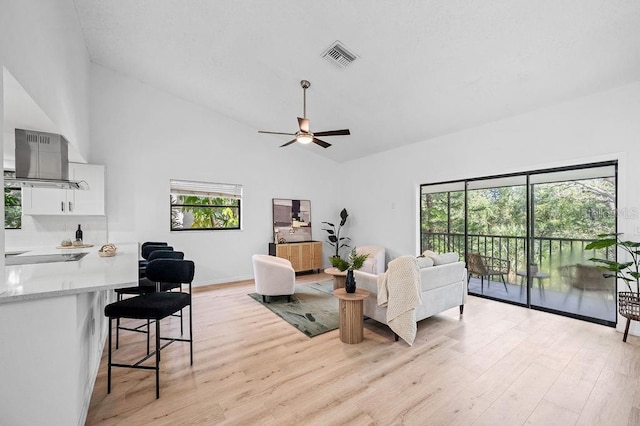 1870 Whispering Way, Tarpon Springs, FL 34689 - living area featuring light wood-type flooring, high vaulted ceiling, and ceiling fan