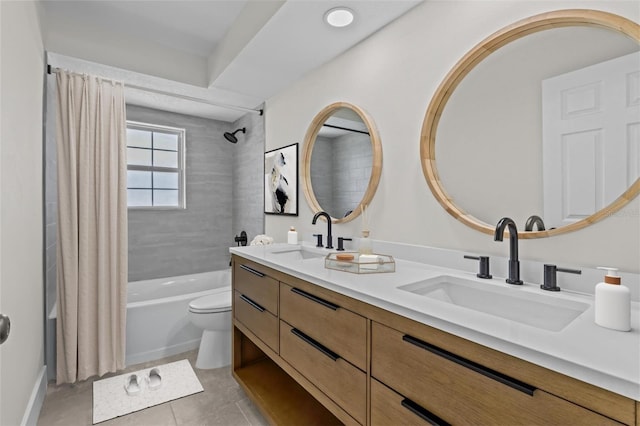 671 25th St SW, Largo, FL 33770 - bathroom with shower / bathtub combination with curtain, double vanity, and tile patterned flooring