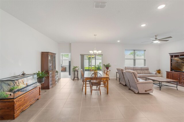 4021 Mayhill Loop, Eustis, FL 32736 - dining space with recessed lighting, a chandelier, a ceiling fan, and light tile patterned floors