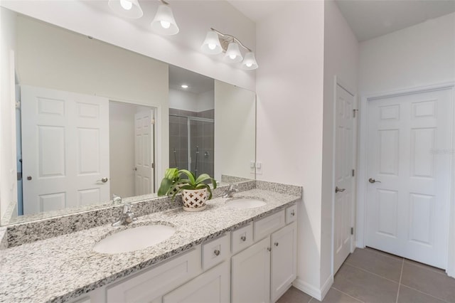 4021 Mayhill Loop, Eustis, FL 32736 - full bathroom with a shower stall, double vanity, and tile patterned flooring