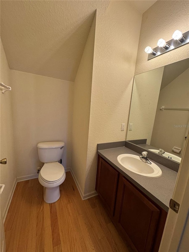 3069 Ashland Ln N, Kissimmee, FL 34741 - bathroom with wood finished floors, vanity, a textured ceiling, and lofted ceiling