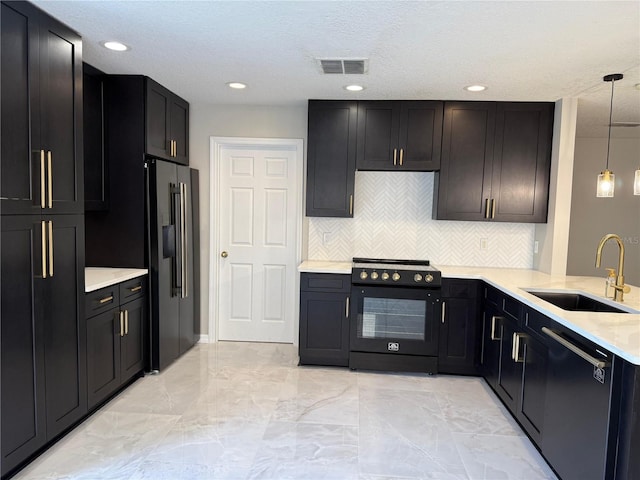 633 Flower Fields Ln, Orlando, FL 32824 - kitchen with black electric range, fridge with ice dispenser, dishwasher, light countertops, and backsplash