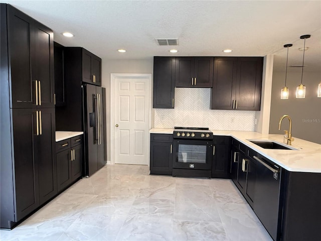 633 Flower Fields Ln, Orlando, FL 32824 - kitchen with black electric range oven, dishwashing machine, high end fridge, a peninsula, and light countertops