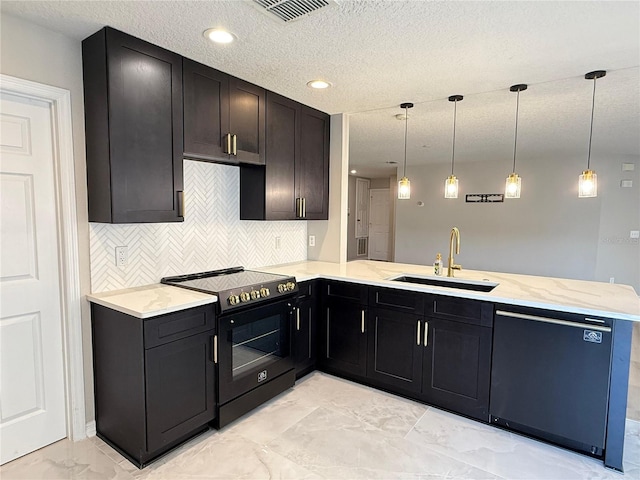 633 Flower Fields Ln, Orlando, FL 32824 - kitchen with black / electric stove, dishwasher, light marble finish floors, a peninsula, and decorative backsplash