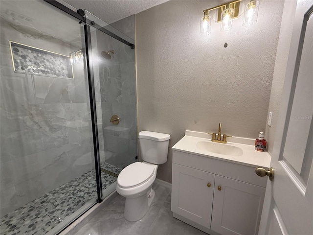 633 Flower Fields Ln, Orlando, FL 32824 - bathroom with a stall shower, vanity, a textured ceiling, and marble look tile flooring